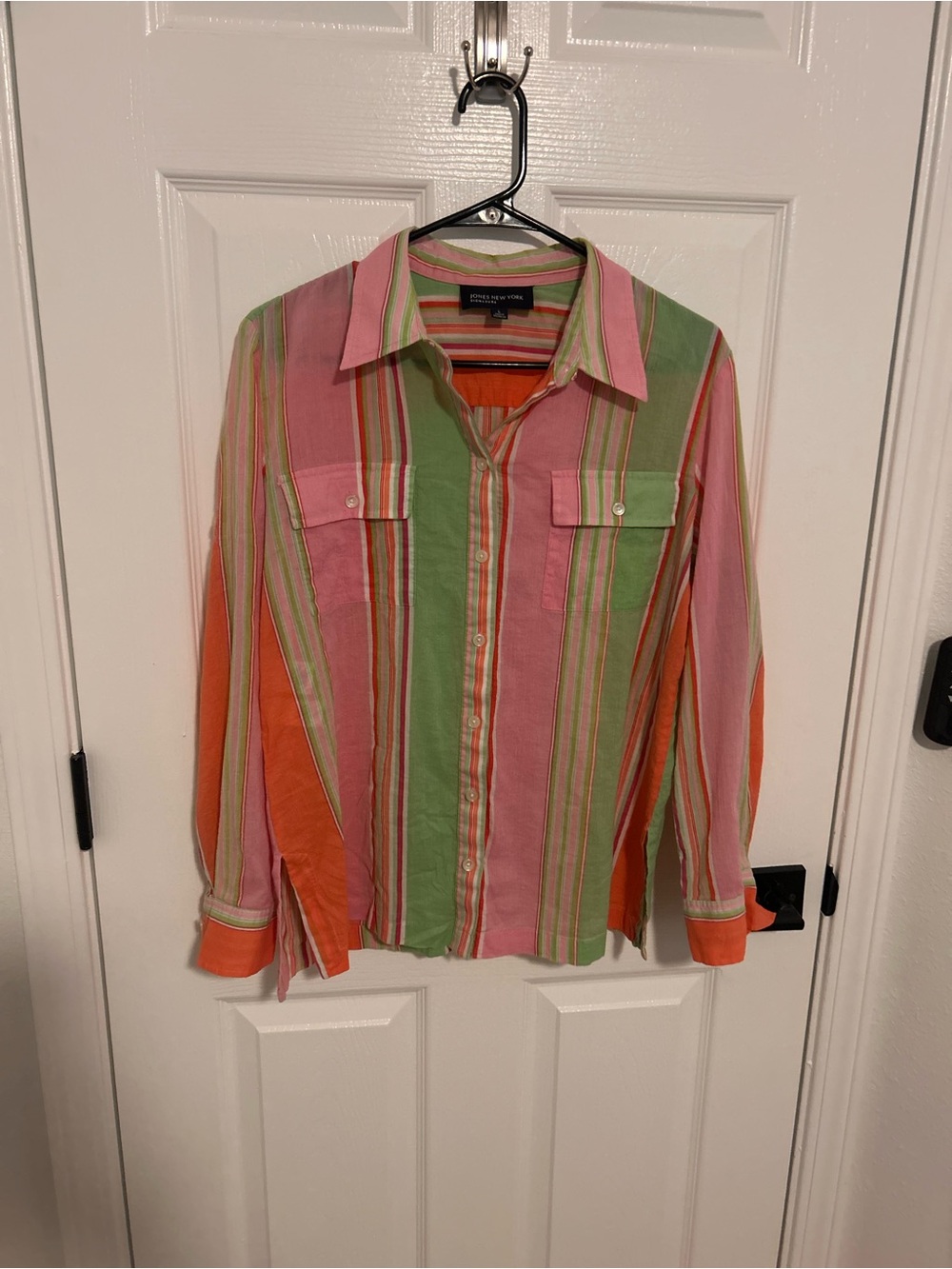 Jones New York Pink, Green & Orange Striped Button-Down Shirt